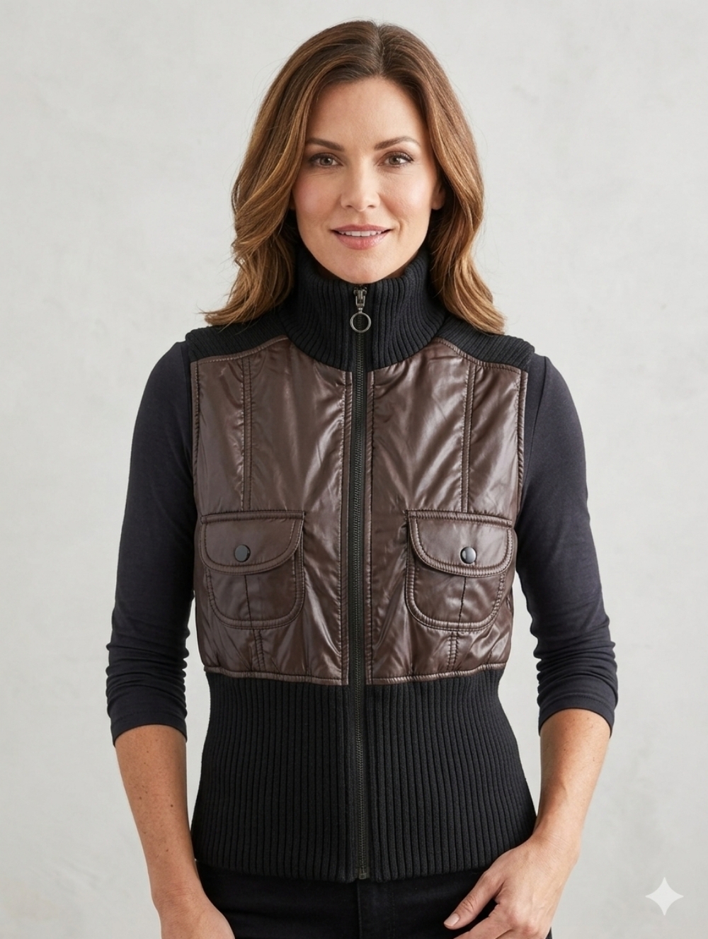 Ashley by 26 International Mixed Media Puffer Vest - Brown/Black, Size L